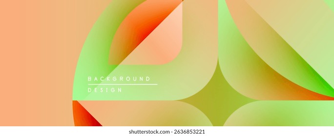 Abstract fluid shapes blend orange, green, yellow hues. Modern design creates dynamic visual experience. Minimal text present.