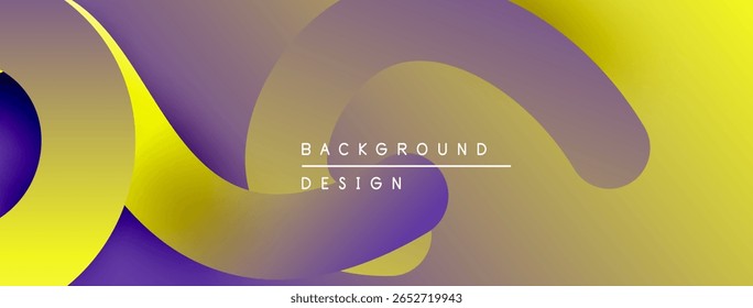 Abstract fluid shapes blend purple, yellow hues. Modern design creates dynamic visual experience. Smooth gradients offer soft aesthetic.