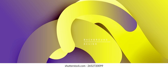 Formas fluidas abstratas misturam tons roxos e amarelos. A composição dinâmica cria impacto visual moderno. Gradientes suaves oferecem profundidade.