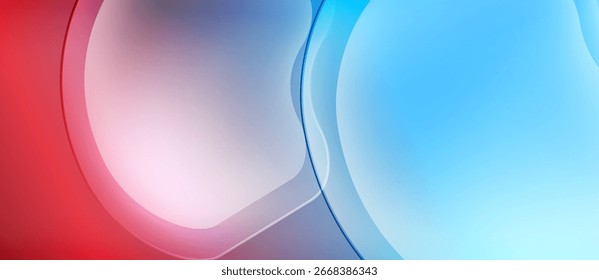 Abstract fluid shapes blend red, pink, blue hues. Smooth gradients create soft visual flow, modern aesthetic.