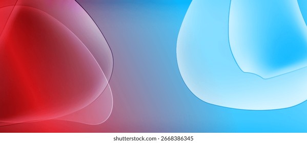 Abstract fluid shapes blend red, pink, blue hues. Smooth gradients create soft visual texture. Minimalist composition focuses color transitions.