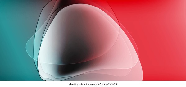 Formas fluidas abstratas misturam tons de azul-azulado, rosa e vermelho. Gradientes suaves criam efeito visual dinâmico. Composição minimalista.