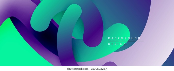 Abstract fluid shapes blend vibrant purple, green hues. Modern design creates dynamic visual experience. Smooth gradients offer depth.