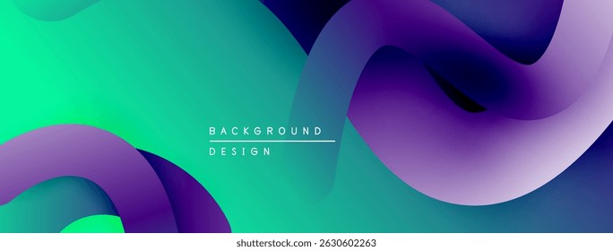 Abstract fluid shapes blend vibrant turquoise, purple hues. Modern design evokes movement, energy, smooth transitions.