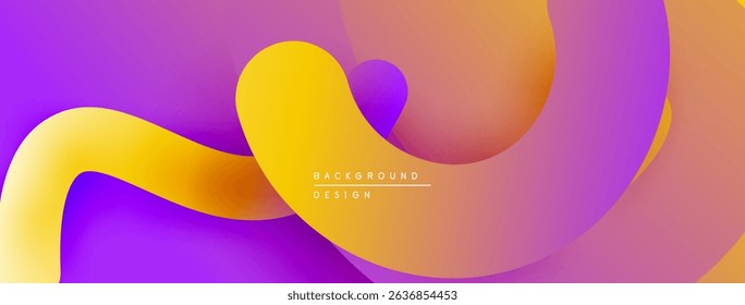 Abstract fluid shapes blend vibrant purple, orange, yellow hues. Modern design evokes movement, energy, soft gradients.