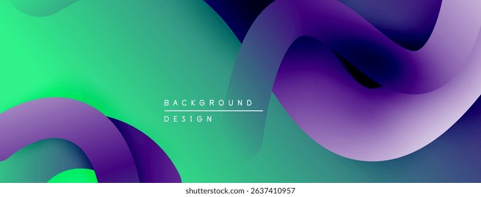 Abstract fluid shapes blend vibrant green, purple, blue hues. Modern design evokes movement, energy, depth. Minimalist aesthetic.