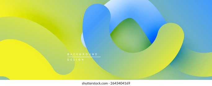 Abstract fluid shapes blend vibrant yellow, green, blue hues. Modern design evokes movement, energy, soft gradients. Background suggests creativity, innovation.