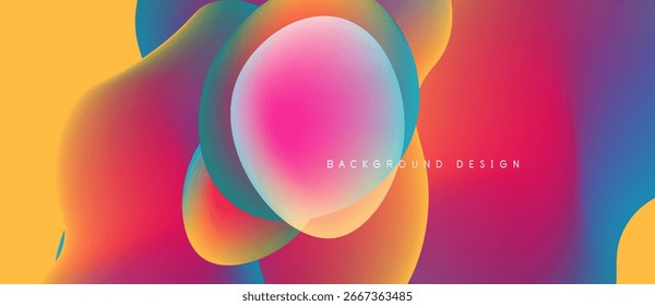 Abstract fluid shapes blend vibrant colors. Gradient transitions create dynamic visual effect. Modern design suitable for backgrounds.