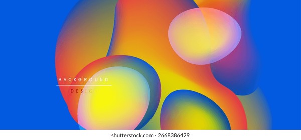 Abstract fluid shapes blend vibrant colors. Blue background contrasts warm orange, yellow hues. Modern design element.