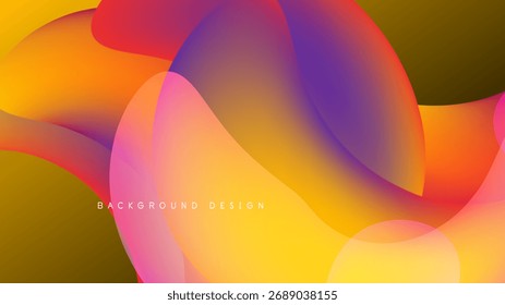 Abstract fluid shapes blend, vibrant colors overlap. Dynamic composition creates modern visual impact. Background design features gradients, curves.