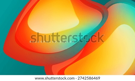 Abstract fluid shapes blend vibrant colors. Orange, yellow, turquoise create dynamic composition against black backdrop. Modern design element.