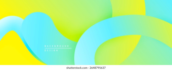 Abstract fluid shapes blend yellow, turquoise, green hues. Modern design evokes movement, energy, positivity. Minimalist aesthetic.