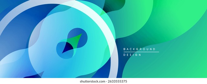 Abstract fluid shapes, blue, green gradients. Modern design, smooth transitions, overlapping layers create dynamic composition. Minimal text present.