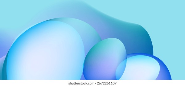 Formas fluidas abstratas, azuis frios, turquesa claro. Gradientes suaves criam uma experiência visual calma. Fundo minimalista.
