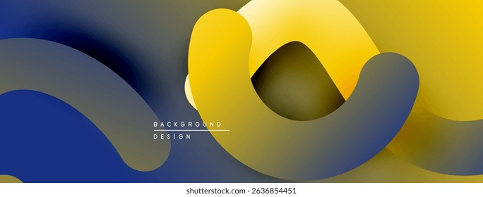 Abstract fluid shapes, gradients blend blue, yellow, gray. Minimalist design suggests movement, depth, modern aesthetic.