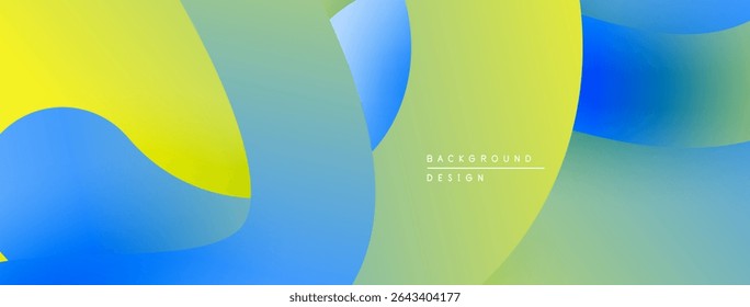 Abstract fluid shapes overlap. Colors blendyellows, blues, greens. Modern design evokes movement, energy, visual interest.
