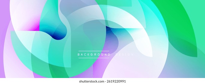 Formas de fluido abstratas se sobrepõem, criando gradientes de cores vibrantes. Rosas suaves, azuis, verdes se misturam perfeitamente. Elemento de design moderno.