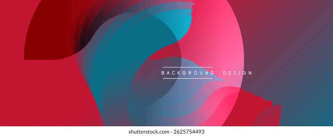 Abstract fluid shapes overlap, creating vibrant red, blue gradients. Modern design elements suggest dynamic movement, visual energy.