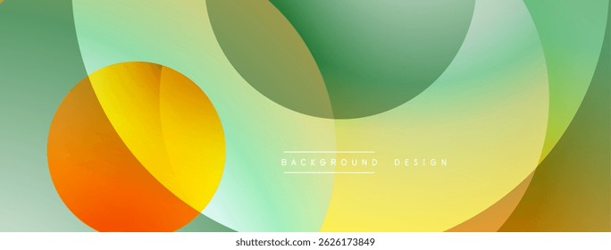 Abstract fluid shapes overlap, creating vibrant gradients. Yellow, green, orange hues blend seamlessly. Modern design element.