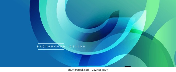 Abstract fluid shapes overlap, creating dynamic blue, green gradients. Modern design evokes movement, energy, visual interest.