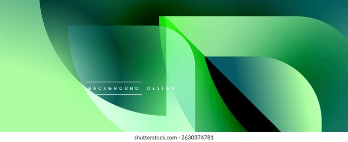 Abstract fluid shapes overlap, creating vibrant green gradient background. Modern design elements suggest motion, energy.