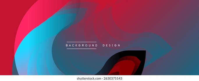 Abstract fluid shapes overlap, creating vibrant red, blue gradients. Modern design elements suggest dynamic movement, sleek presentation.