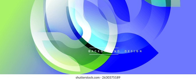 Abstract fluid shapes overlap, creating vibrant blue, green gradients. Modern design features soft shadows, dynamic composition.