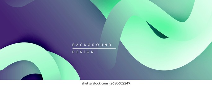 Abstract fluid shapes overlap, creating dynamic purple, teal, green gradients. Modern design evokes movement, depth.