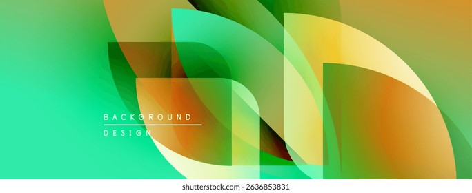 Abstract fluid shapes overlap, creating vibrant gradients. Green, orange, yellow hues blend seamlessly. Modern design element for backgrounds.