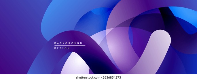 Abstract fluid shapes overlap, creating vibrant purple, blue gradients. Modern design suggests movement, depth, energy.