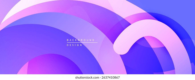 Abstract fluid shapes overlap, creating vibrant purple, blue gradients. Modern design suggests movement, energy, smooth transitions.
