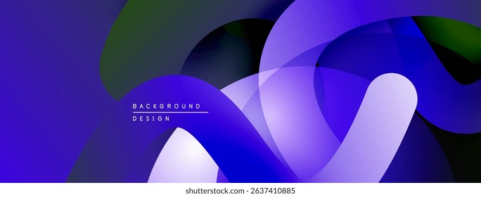 Abstract fluid shapes overlap, creating vibrant purple, green gradients. Modern design, smooth transitions, dynamic composition.