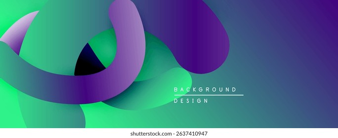 Abstract fluid shapes overlap, creating vibrant gradients. Purple, green hues dominate design, suggesting movement, depth. Modern aesthetic.