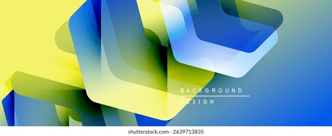 Abstract fluid shapes overlap, creating vibrant color gradients. Yellow, blue, green hues blend smoothly. Modern design element.