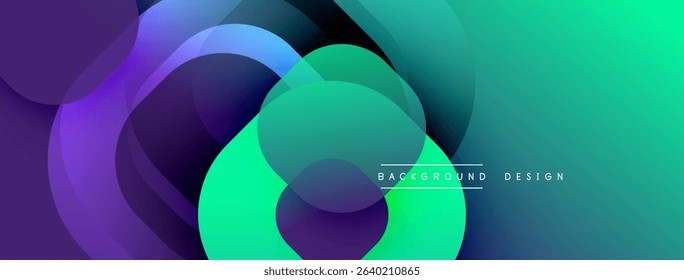 Abstract fluid shapes overlap, creating vibrant gradients. Purple, teal, blue hues blend seamlessly. Modern design element.