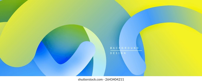 Abstract fluid shapes overlap, creating vibrant color gradients. Yellows, blues, greens blend seamlessly. Modern design element.