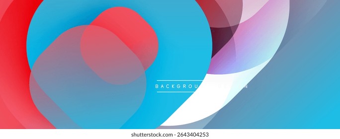 Abstract fluid shapes overlap, creating vibrant color gradients. Blue, red, purple hues dominate design. Modern, dynamic composition.