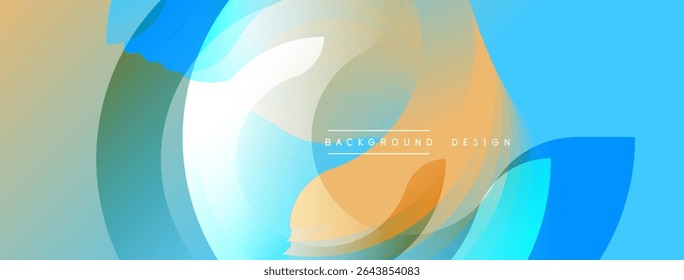 Abstract fluid shapes overlap, creating dynamic colorful composition. Light blue dominates with orange accents. Modern design element.