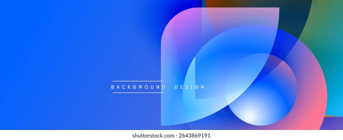 Abstract fluid shapes overlap, creating vibrant color gradients. Blue dominates background, with pinks, purples present. Modern design element.
