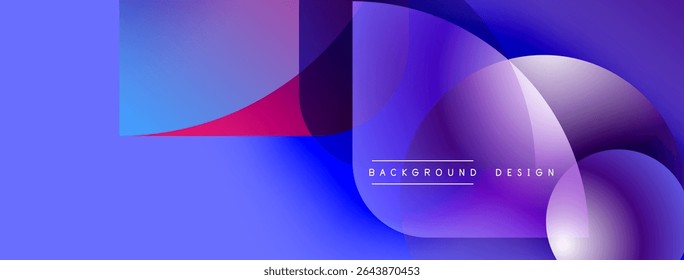 Abstract fluid shapes overlap, creating vibrant purple, blue, magenta gradients. Modern design elements suggest dynamic movement, smooth transitions.