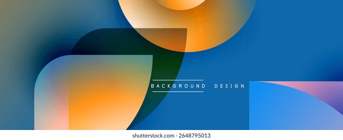 Abstract fluid shapes overlap, creating vibrant color gradients. Blue, orange, green hues dominate design. Modern aesthetic.
