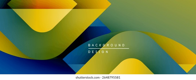 Abstract fluid shapes overlap, creating vibrant color gradients. Yellow, blue, green hues blend seamlessly. Modern design element.