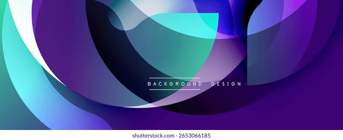 Abstract fluid shapes overlap, creating dynamic purple, teal gradients. Modern design suggests technology, innovation, energy.