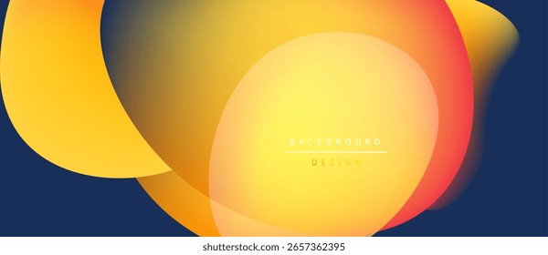 Abstract fluid shapes overlap, creating vibrant yellow, orange gradients. Dark blue background provides contrast. Modern design element.