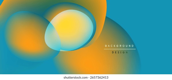 Las Formas de fluido Abstractas se superponen, creando vibrantes tonos naranjas y amarillos contra el fondo verde azulado. Elemento de diseño moderno para proyectos digitales.