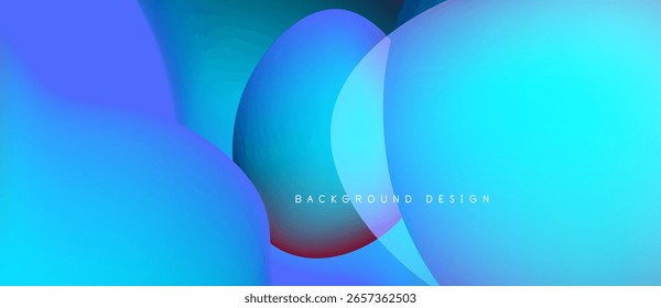 Abstract fluid shapes overlap, creating vibrant blue gradients. Modern design suggests technology, innovation, smooth transitions.