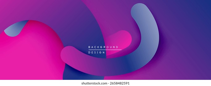 Formas fluidas abstratas se sobrepõem, criando vibrantes gradientes roxo, rosa e azul. O design moderno sugere movimento, energia, profundidade.
