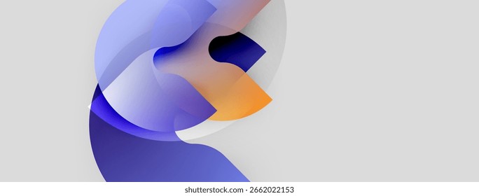 Abstract fluid shapes overlap, creating dynamic composition. Soft gradients blend blue, orange hues on light background. Modern design.