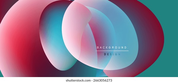 Abstract fluid shapes overlap, creating vibrant color gradients. Teal, pink, blue hues dominate design. Minimal text present. Modern aesthetic.