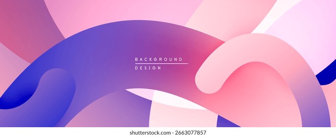 Abstract fluid shapes overlap, creating vibrant pinks, purples, blues. Modern design suggests movement, energy, depth. Minimalist aesthetic.